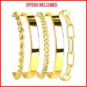 14K Gold Plated Brass Cuff Bracelet Stack Non Tarnish Women's Jewelry